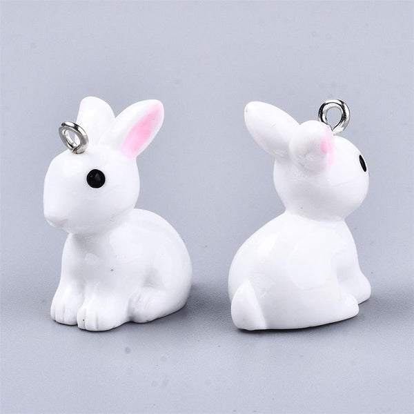 10 WHITE BUNNY RABBIT 3D RESIN CHARMS PENDANTS 24mm  JEWELLERY MAKING C294