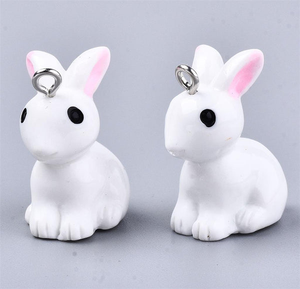 10 WHITE BUNNY RABBIT 3D RESIN CHARMS PENDANTS 24mm  JEWELLERY MAKING C294