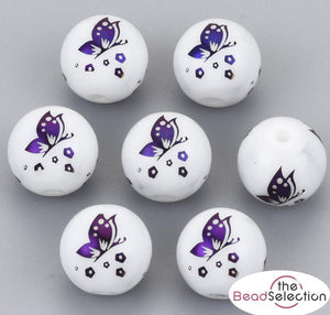 20 PURPLE BUTTERFLY GLASS ROUND BEADS 10mm TOP QUALITY GLS41