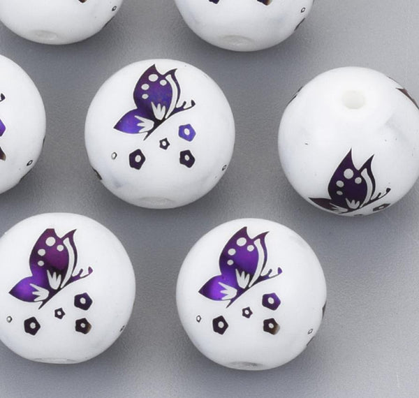 20 PURPLE BUTTERFLY GLASS ROUND BEADS 10mm TOP QUALITY GLS41