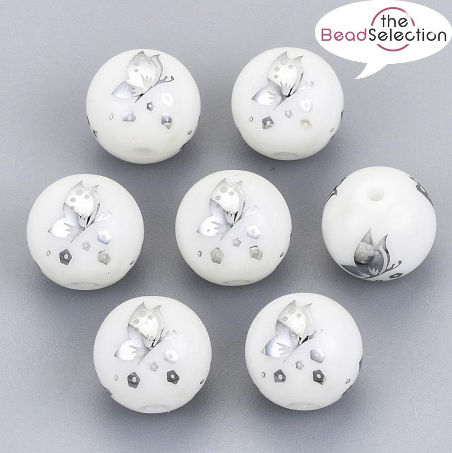 20 SILVER BUTTERFLY GLASS ROUND BEADS 10mm Jewellery Making GLS78