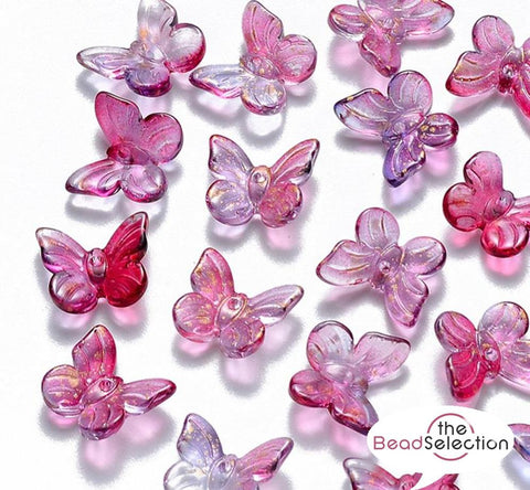 20 DEEP PINK GLITTER BUTTERFLY GLASS CHARMS BEADS 10mm TOP QUALITY GLS51