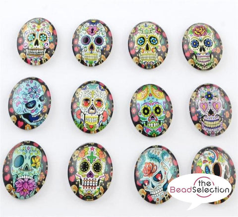 10 OVAL CANDY SKULL PRINTED CLEAR GLASS DOMED CABOCHONS 25mm X 18mm CAB26