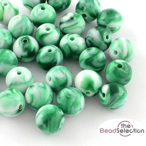 50 GREEN MARBLED CANDY SWIRL ROUND ACRYLIC BEADS 10mm TOP QUALITY ACR108