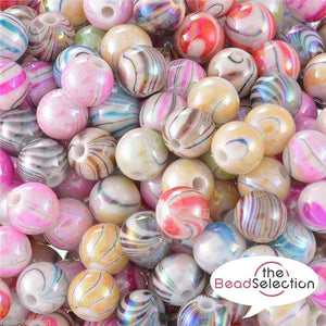 10 ACRYLIC MARBLED CANDY STRIPED ROUND BEADS 14mm MIXED COLOURS ACR63