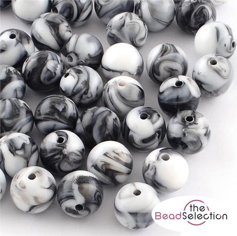 100 ACRYLIC BEADS BLACK & WHITE MARBLED CANDY SWIRL ROUND 8mm ACR18