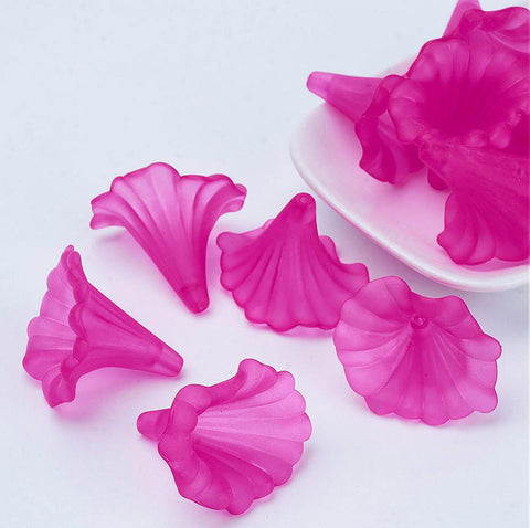 10 LARGE FROSTED LUCITE ACRYLIC LILY TRUMPET FLOWER BEAD 41mm  CERISE PINK LUC26