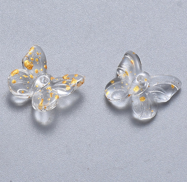 20 CLEAR GOLD GLITTER BUTTERFLY GLASS CHARMS BEADS 10mm TOP QUALITY GLS18