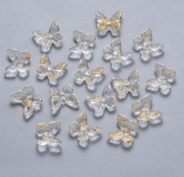 20 CLEAR GOLD GLITTER BUTTERFLY GLASS CHARMS BEADS 10mm TOP QUALITY GLS18