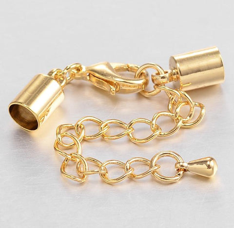 CORD END CAPS 11mm x 7mm HOLE 6mm LOBSTER CLASP & EXTENDER CHAIN GOLD (AM25)