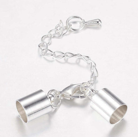 CORD END CAPS 12mm x 8mm HOLE 7mm LOBSTER CLASP & EXTENDER CHAIN SILVER (AM24)