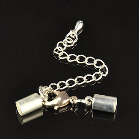 CORD END CAPS 8mm x 5mm HOLE 4mm LOBSTER CLASP & EXTENDER CHAIN SILVER (AM28)