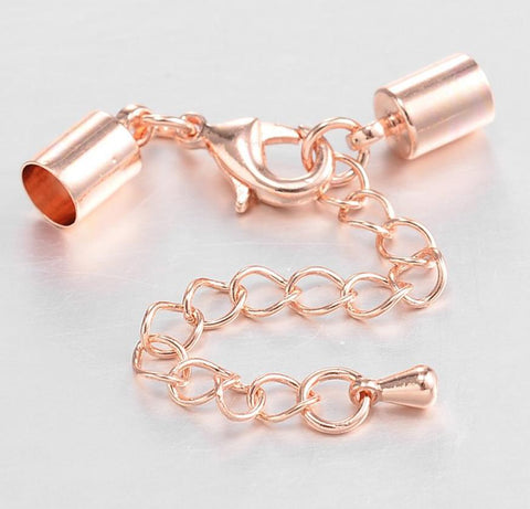 CORD END CAPS 11mm x 7mm HOLE 6mm LOBSTER CLASP & EXTENDER CHAIN ROSE GOLD (AM26