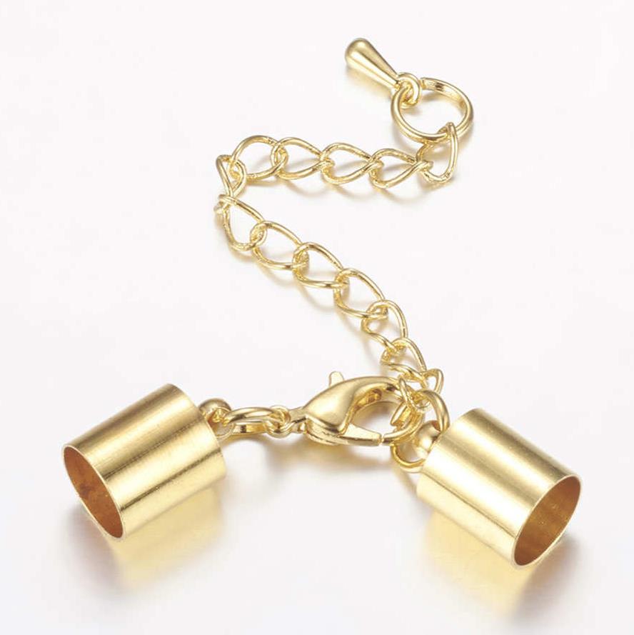 CORD END CAPS 12mm x 8mm HOLE 7mm LOBSTER CLASP & EXTENDER CHAIN GOLD (AM27)