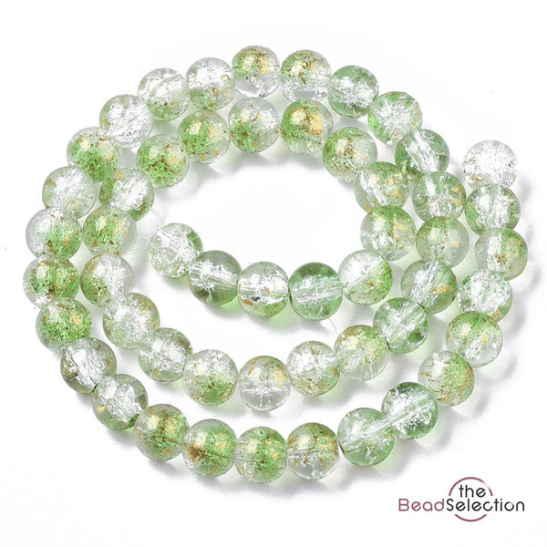 50 CRACKLE GLITTER ROUND GLASS BEADS CLEAR WHITE GREEN 8mm CRG2