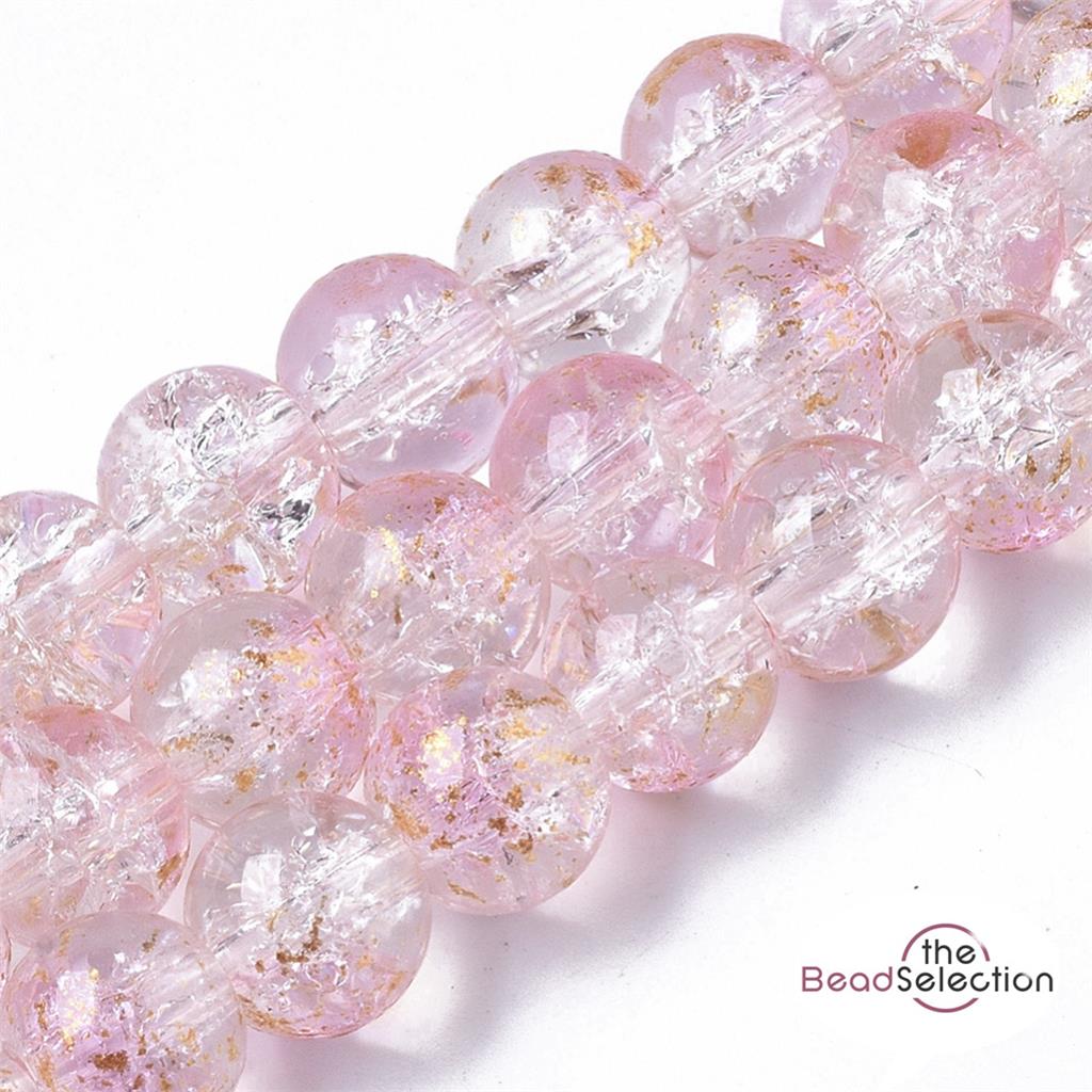 50 CRACKLE GLITTER ROUND GLASS BEADS CLEAR PINK 8mm JEWELLERY MAKING CRG7