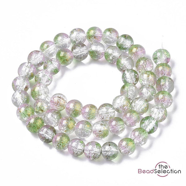50 CRACKLE GLITTER ROUND GLASS BEADS CLEAR PINK GREEN 8mm jewellery making CRG4