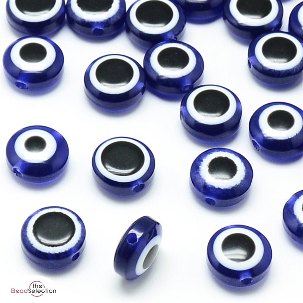 50 Blue Evil Eye Flat Round Disc Acrylic Resin Beads 10mm Lucky ACR227