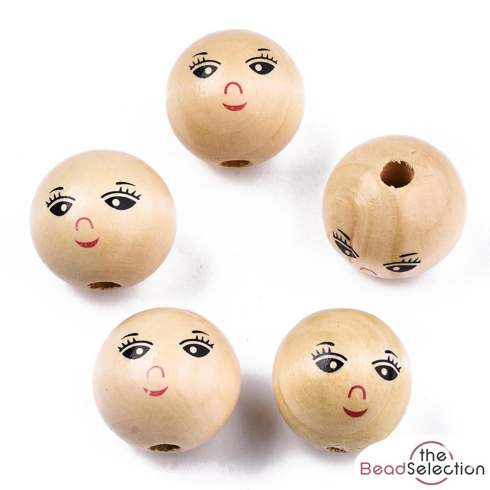 10 LARGE DOLLS HEAD HAPPY FACE 22mm ROUND WOODEN BEADS 4mm HOLE W12