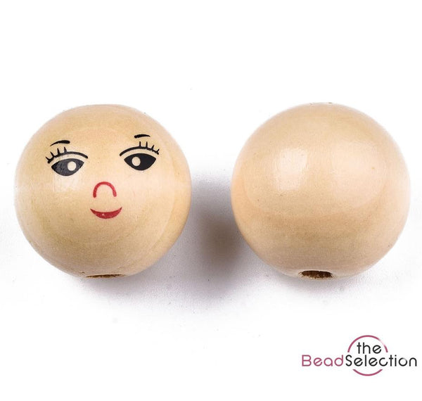 10 LARGE DOLLS HEAD HAPPY FACE 22mm ROUND WOODEN BEADS 4mm HOLE W12
