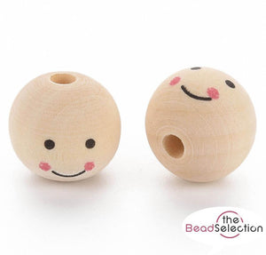 10 LARGE DOLLS HEAD HAPPY FACE 20mm ROUND WOODEN BEADS 5mm HOLE W11