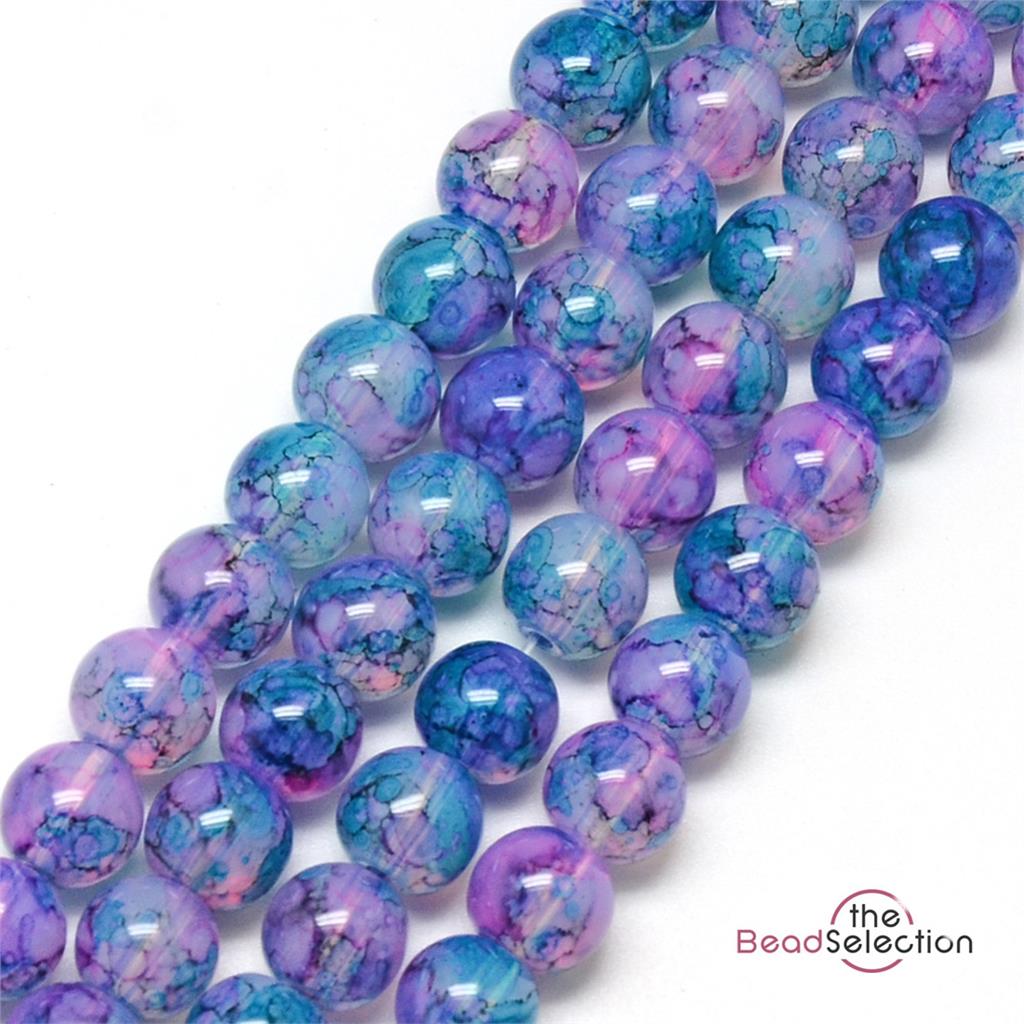 150 'DRAGON VEIN' MARBLED DRAWBENCH ROUND GLASS BEADS 6mm BLUE PURPLE DV10