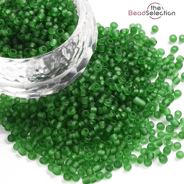 75g FROSTED EMERALD GREEN GLASS SEED BEADS 11/0 2mm 8/0 3mm 6/0 4mm