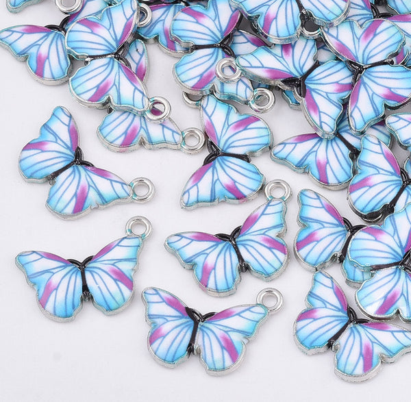 5 BUTTERFLY ENAMEL CHARMS PENDANT BLUE AND PINK 20mm TOP QUALITY C271