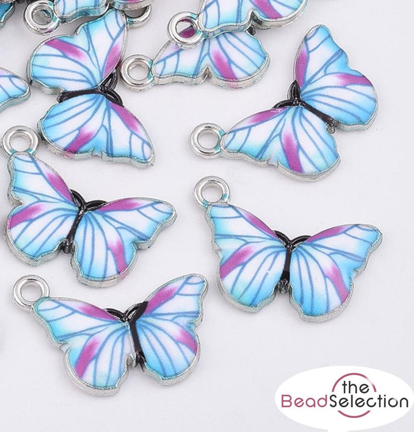 5 BUTTERFLY ENAMEL CHARMS PENDANT BLUE AND PINK 20mm TOP QUALITY C271