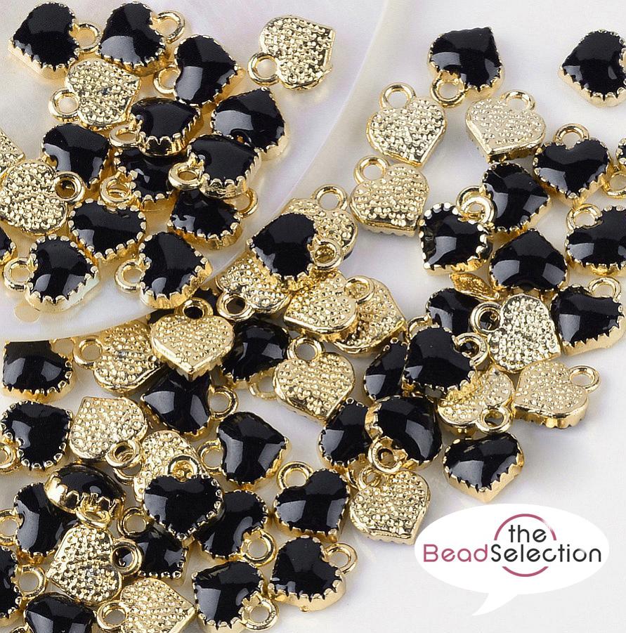 10 BLACK ENAMEL HEART CHARMS PENDANT 8mm GOLD PLATED TOP QUALITY C202
