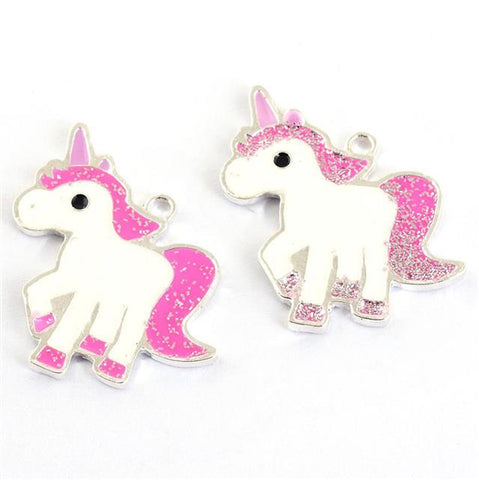 2 x PINK UNICORN GLITTER ENAMEL CHARMS PENDANT 25mm TOP QUALITY C27