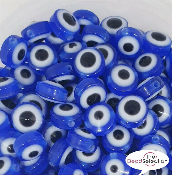 50 BLUE EVIL EYE FLAT ROUND ACRYLIC RESIN BEADS 8mm TOP QUALITY ACR180