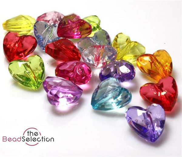 50 ACRYLIC FACETED HEART BEADS 12mm MIXED COLOURS TOP QUALITY ACR73