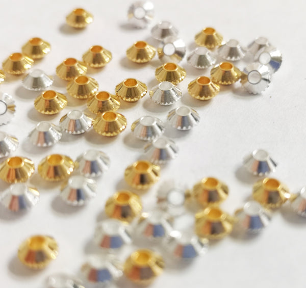 FACETED BICONE SPACER BEADS 4mm 50 PER BAG SILVER OR GOLD