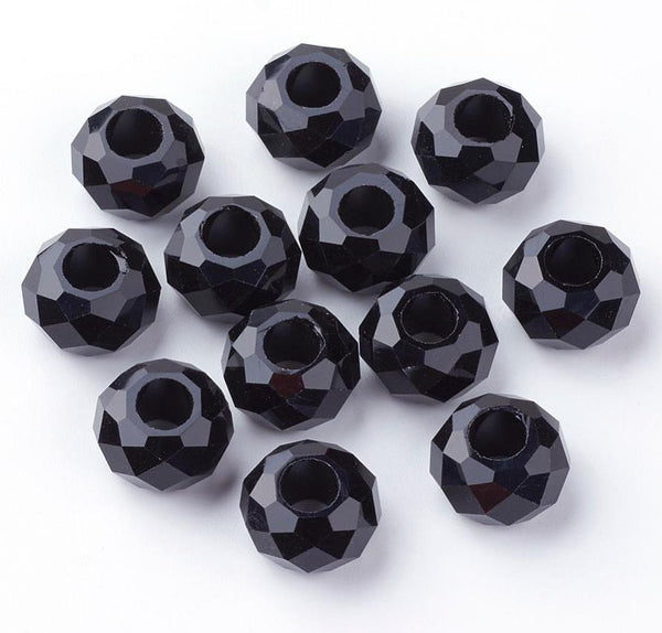 10 FACETED 14mm BLACK OPAQUE RONDELLE GLASS BEADS LARGE HOLE 5mm GLS19
