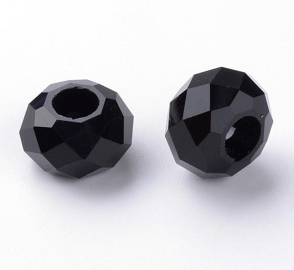 10 FACETED 14mm BLACK OPAQUE RONDELLE GLASS BEADS LARGE HOLE 5mm GLS19