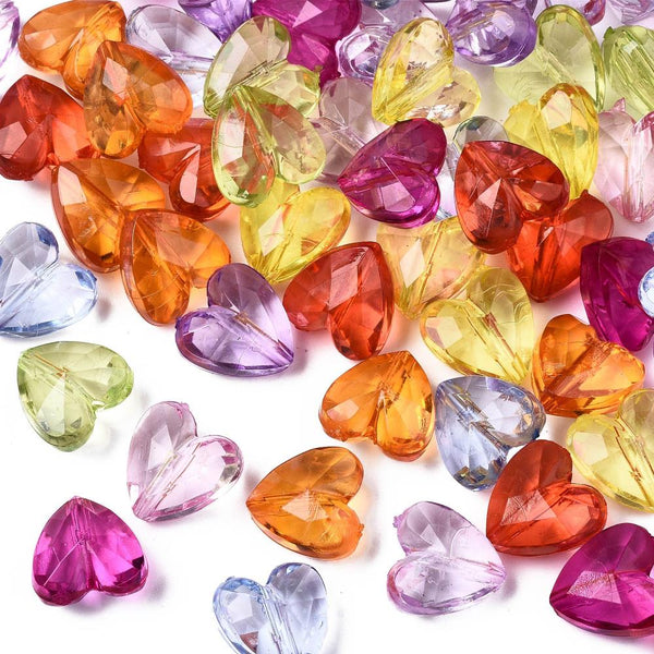 50 ACRYLIC FACETED HEART BEADS 12mm MIXED COLOURS TOP QUALITY ACR73