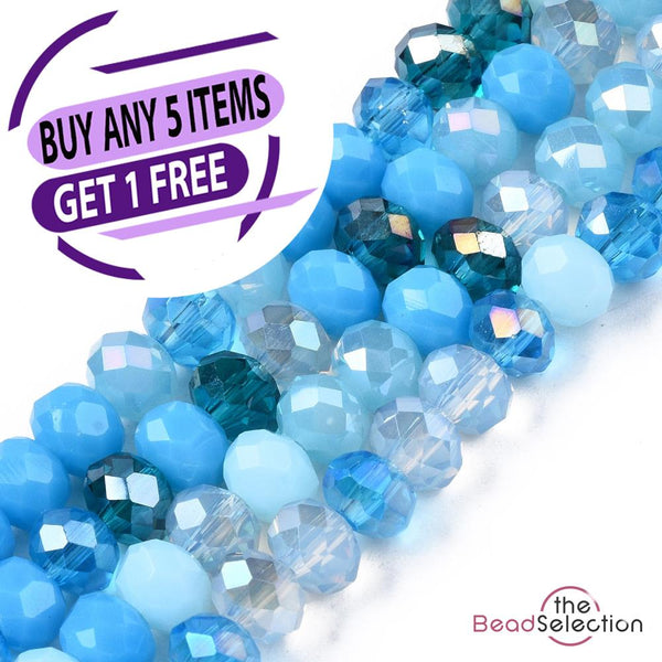 Faceted Glass Rondelle Round Beads Blue Mixed Crystal 6mm 90+ 1 STRAND R7
