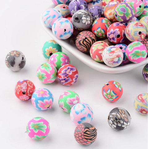 25 FIMO CLAY FLOWER BEAD ROUND 12mm MIXED COLOUR (MSC1)