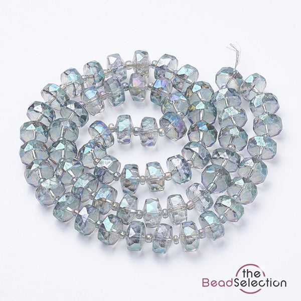 20 FACETED GLASS RONDELLE BEADS 8mm x 5mm AB LIGHT RAINBOW DROP PENDANT GLS144
