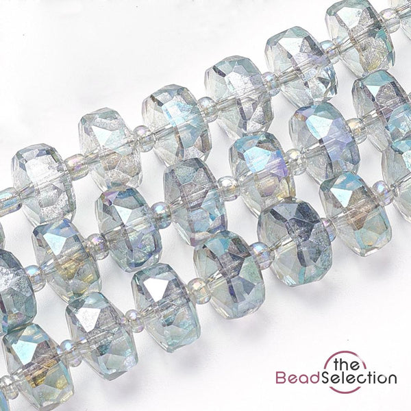 20 FACETED GLASS RONDELLE BEADS 8mm x 5mm AB LIGHT RAINBOW DROP PENDANT GLS144