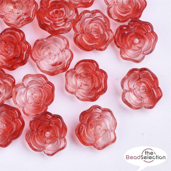 20 ROSE FLOWER GLASS CHARMS BEADS RED GOLD GLITTER 14mm JEWELLERY MAKING GLS108