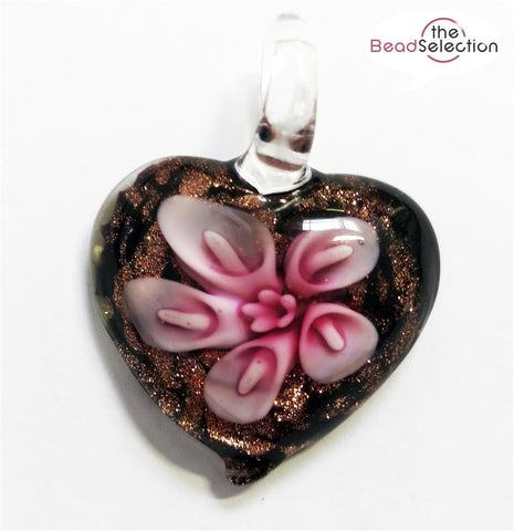 LAMPWORK HEART PENDANT 32mm x 30mm PINK GOLD FLOWER C149