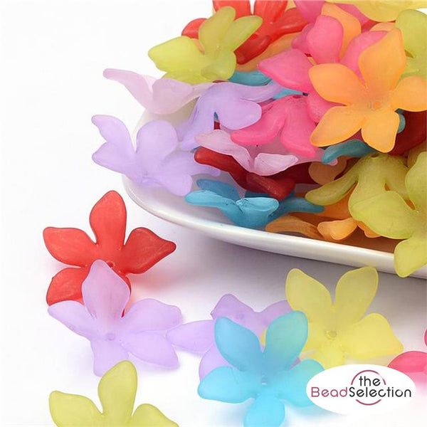 20 FROSTED LUCITE ACRYLIC PETAL FLOWER BEADS MIXED COLOURS 29mm LUC3
