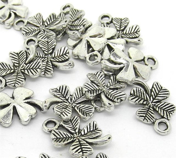 20 LUCKY FOUR LEAF CLOVER CHARMS TIBETAN SILVER 15mm TOP QUALITY C75