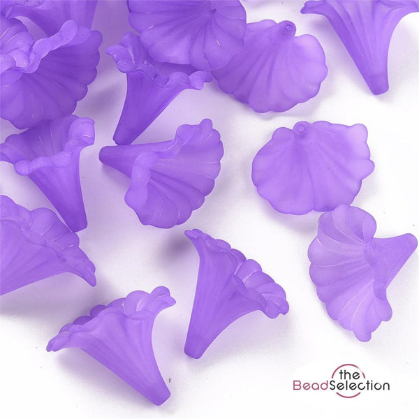 10 LARGE FROSTED LUCITE ACRYLIC LILY TRUMPET FLOWER BEADS 41mm PURPLE LUC73