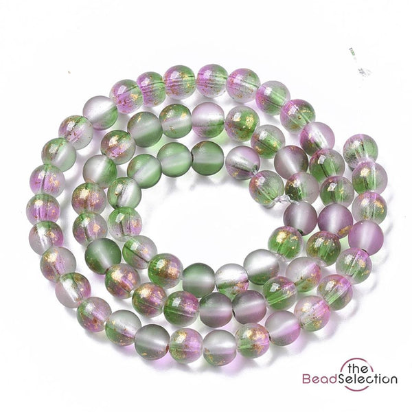 100 FROSTED GLITTER ROUND GLASS BEADS PINK GREEN 6mm JEWELLERY MAKING FR12