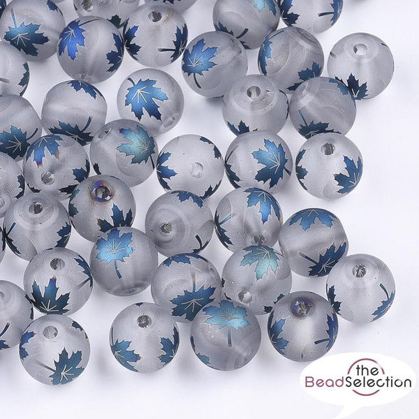 20 BLUE LEAF FROSTED GLASS ROUND BEADS 8mm JEWELLERY MAKING TOP QUALITY GLS91