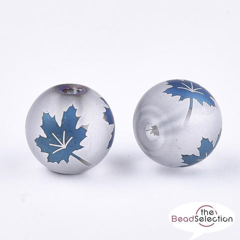 20 BLUE LEAF FROSTED GLASS ROUND BEADS 8mm JEWELLERY MAKING TOP QUALITY GLS91