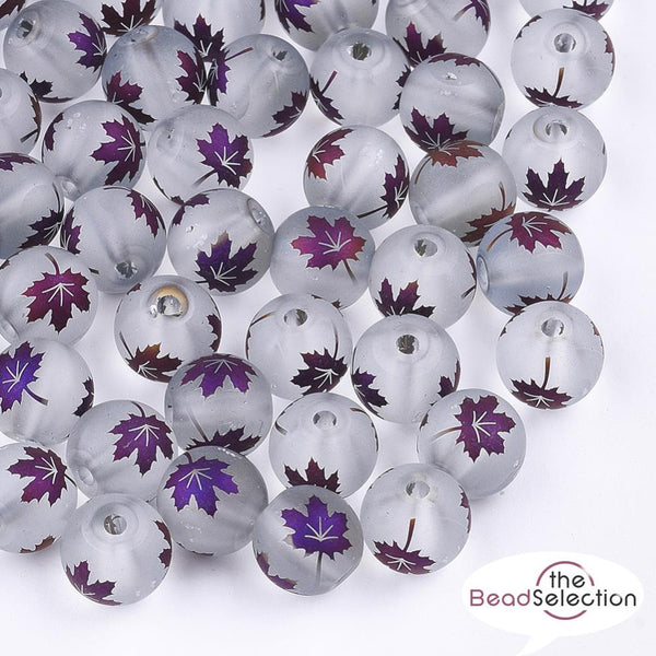 20 PURPLE LEAF FROSTED GLASS ROUND BEADS 8mm JEWELLERY MAKING TOP QUALITY GLS90